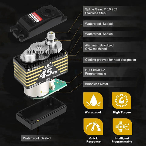 HobbyPark 45kg Waterproof brushless servo with aluminum gears and 25T horn (exploded view)