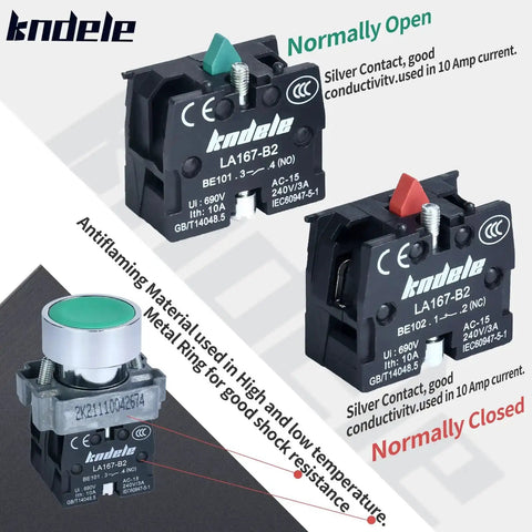 2 Pack 22mm Momentary Push Button Switches Red And Green 1NO 1NC SPDT; metal head with IP65 waterproof rating; electrical contacts shown