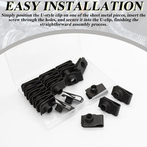 20 Pcs Black U Type Nuts Clip On Fasteners for Auto Fender Bumper Grille Retainer Clips Five Sixteenths Inch by Eighteen Unified National Thread Extruded U Style Nuts displayed in packaging