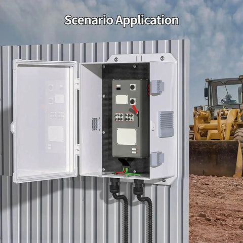 Rugged Outdoor Electrical Junction Box With Waterproof ABS Enclosure, installed on metal wall with open hinged cover, showcasing internal mounting panel.