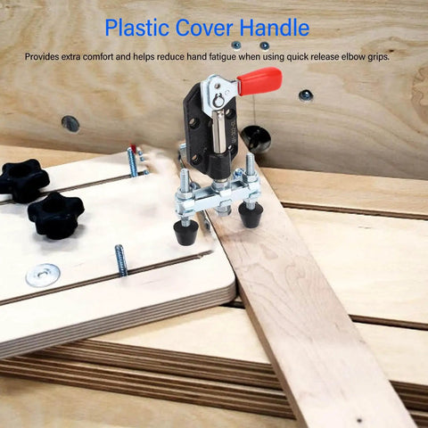 Push Pull Clamp Tool With Quick Toggle, 198 Lbs Clamping Force For Metal Plates And Circuit Boards shown securing wood piece.
