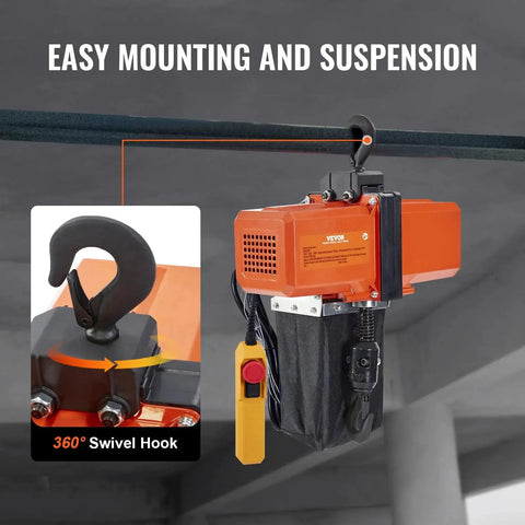 Electric Chain Hoist 1100 Lb Capacity 15 Ft Lift 120V Phase G100 Overhead with swivel hook for easy mounting