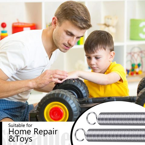 Gisafai 6-Pcs extension springs with dual hooks (3/8 x 6-1/2 in) shown beside a man and child repairing a toy car.