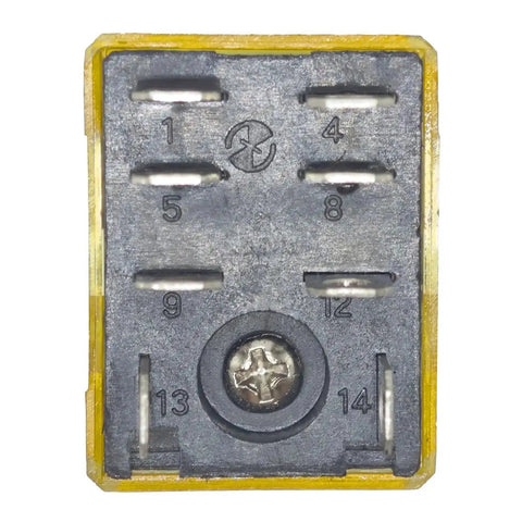 Bottom view of Heavy Duty DPDT Power Relay 110 120V AC 10 Amp Plug In Coil With Blade Terminals showing blade terminal layout.