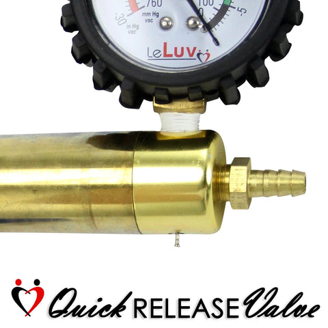 LeLuv Ultima vacuum pump with brass body and aluminum handle; gauge with rubber cover and clear hose fittings