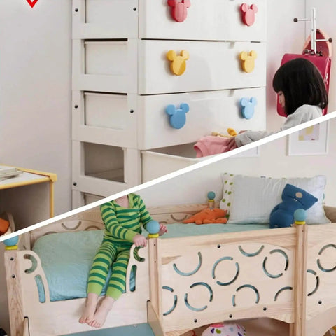Children's bedroom with white drawer cabinet and toy-themed knobs, and wooden bed with playful design, kids interacting with furniture.