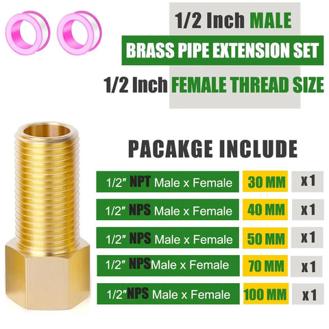 1/2 Inch Brass Pipe Extension Fitting Set Female To Male Connector for Tub Spout Shower NPT NPS With Teflon Tape Included