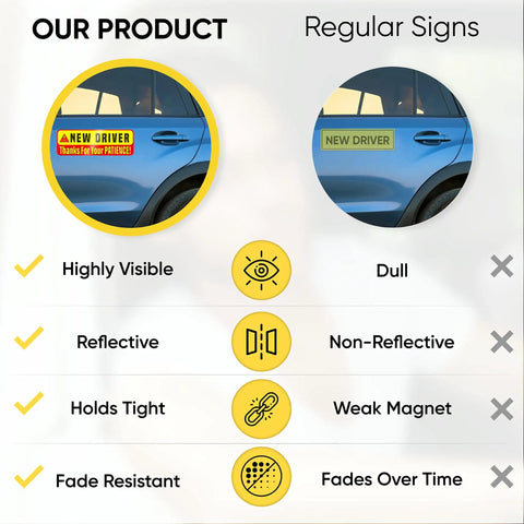 Comparison of Extra Large Driver Sign For Car 3 Pack Magnetic Bumper Stickers Yellow Reflective against regular signs on a vehicle.