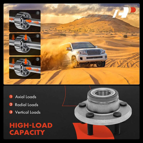 Two Front Wheel Bearing And Hub Assembly Set Direct Fit For Dodge Challenger Charger Magnum And Chrysler 300 2005 Through 2014 RWD Vehicles With Ball Bearing High Load Capacity Replacements showing load directions and hub close-up.