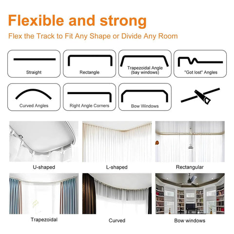 Image features Flexible Ceiling Track Curtain System For L Shaped Or U Shaped Installations, illustrating different installation types.