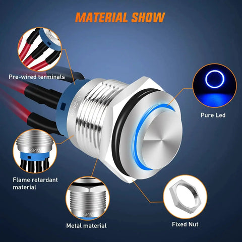 12mm Push Button Switch Kit 5 Pack With Pre Wired Harness LED Latching Round SPDT 4 Pin Waterproof Stainless Steel
