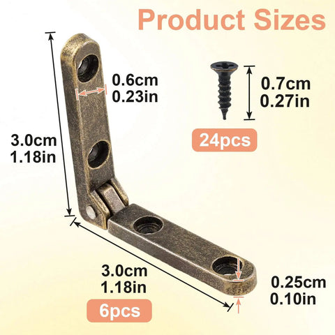Six Pack 90 Degree Wooden Box Hinges With 24 Screws Bronze Finish shown with size dimensions 1.18x1.18x0.27 inches