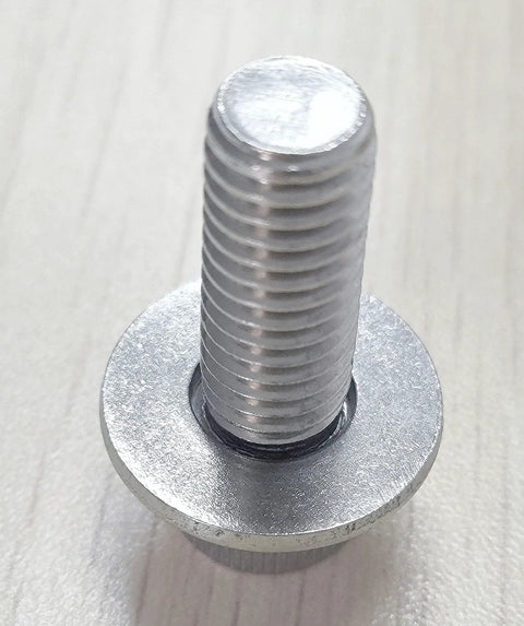 Stainless steel bolt with flat washer, silver finish, threaded shaft visible