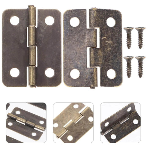 2 Inch Mini Folding Hinges With Screws In Antique Copper, 20 Pack for Jewelry Boxes, shown front and side with screws