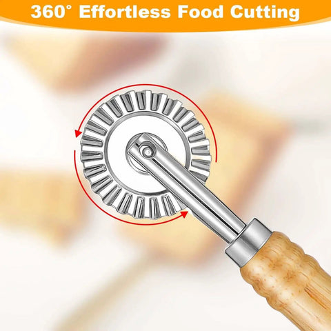 Versatile Long Handle Pastry And Pasta Cutter Wheel With Crinkle Edge For Effortless Slicing Of Ravioli Dumplings And Lasagna Pierogi And Beautiful Lattice Crusts Stainless Steel Construction TIESOME close-up view with bamboo handle