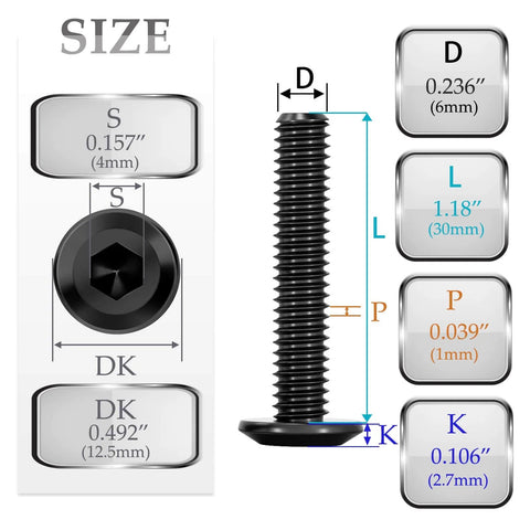 Diagram of 10 Pack M6 X 30mm Flat Head Hex Socket Cap Bolts With 1 Hex Spanner, Alloy Steel Black Oxide Finish, Full Thread