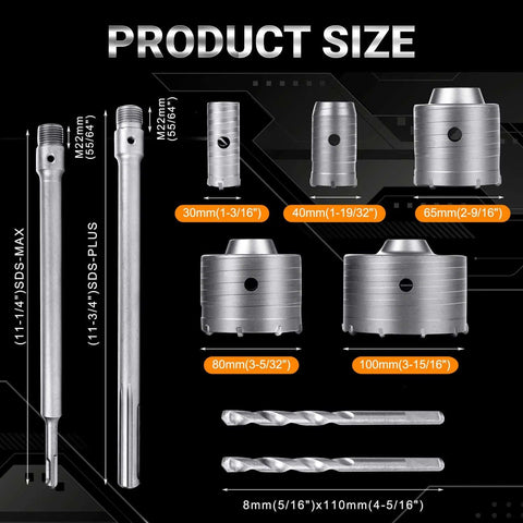 Masonry Hole Saw Kit For Cement, Brick, And Stone, 9 Piece Set with carbide diamond core bits in various sizes and SDS Plus Max shank.
