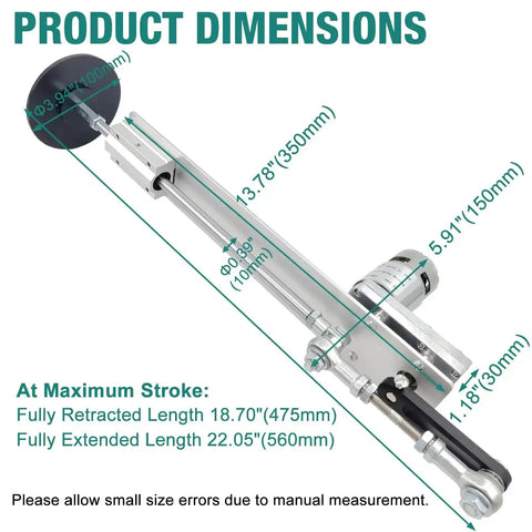 Diagram showing dimensions of 24V Adjustable Reciprocating Linear Actuator with Telescoping Stroke from 1.18 to 6 Inches.