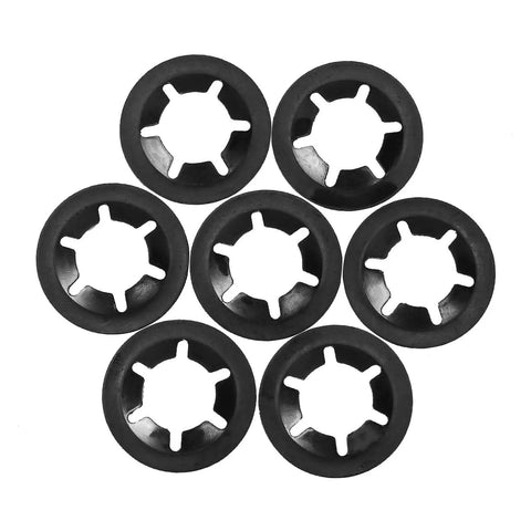 Close-up of 7 black internal tooth washers from Starlock Washer Set 320 Piece Internal Tooth Locking Washers Kit With 7 Sizes.