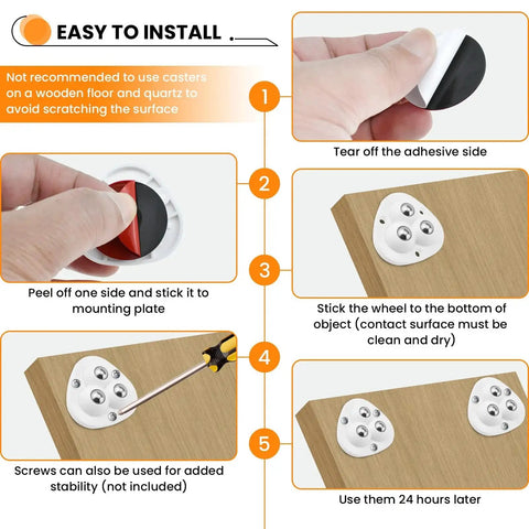 Mini Self Adhesive Caster Wheels 360 Degree Swivel Ball Transfer Rollers installation guide with peel-and-stick process