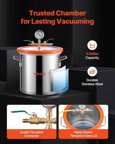 VEVOR 3-Gallon stainless vacuum chamber with pump, tempered glass lid, gauge, and 5 ft hose.