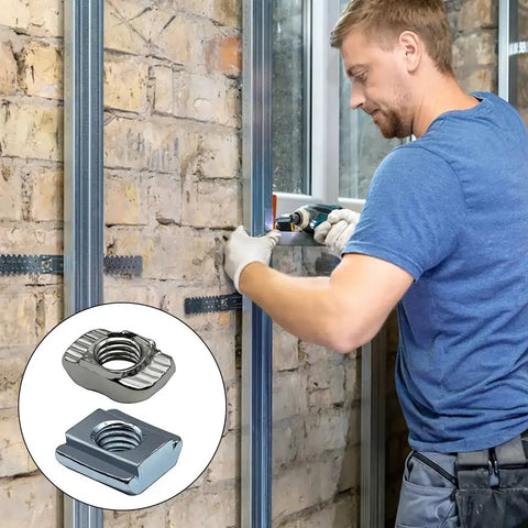 Man installing frame using Beefy M5 T Nut Set for 6mm T-slot aluminum extrusion, dual type slide-in and hammer head T nuts, 100 pcs