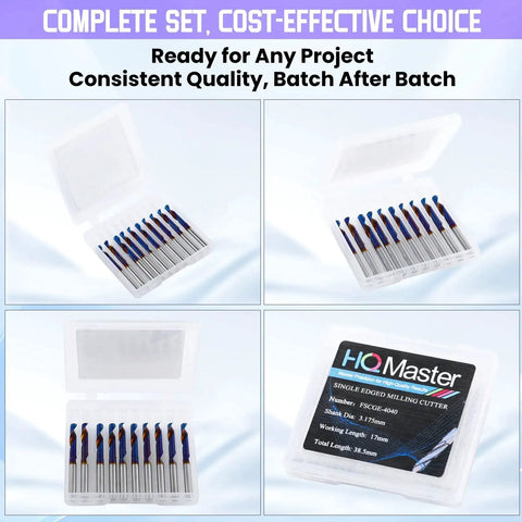 O Flute CNC Router Bit Set, 10 Pieces, One Eighth Inch Shank, Tungsten Carbide Upcut Single Flute End Mills in open case