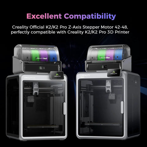 Two Creality K2 and K2 Pro 3D printers with colorful filament spools on top