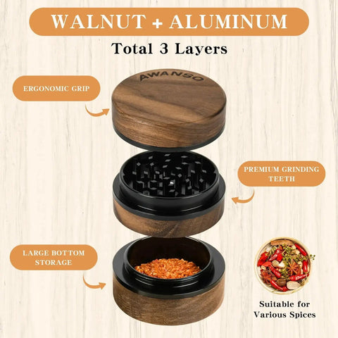 Walnut Wood 2.5 Inch 3 Piece Spice Grinder With Aluminum Chamber Magnetic Lid Raised Storage Base No Screen Easy To Clean For Kitchen Spices Pro Tip Flip For Finer Grind