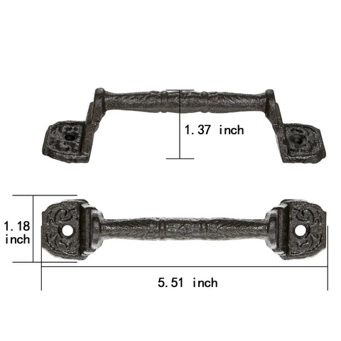 Sliding Barn Door Handles Set Of 4 In Dark Brown Cast Iron With Vintage Rustic Finish, shown in dimensions, 5.51 inch length