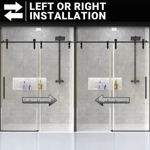 60 Inch Wide Frameless Sliding Shower Door With Sealing Strips And Waterproof Handle 5/16 Inch 8mm Clear Tempered Glass Black Stainless Steel Hardware 76 Inch High Reversible Left Or Right Opening showing left and right installation views.