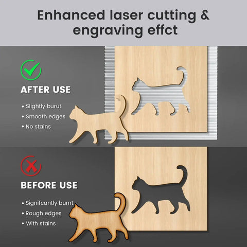 Comparison of cat silhouette cuts on wood before and after using Honeycomb Laser Bed Modular Kit 400x400mm For Laser Engravers And Cutters Aluminum Beefy Build With Fast Heat Dissipation Smoke Control Desktop Protection Wide Fit 400x300 And 400x400 Options.