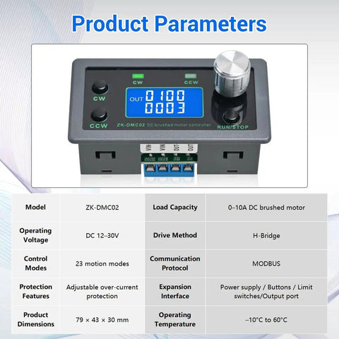 Front view of PWM DC Motor Speed Controller 12V To 30V 10A Variable Speed Regulator with display and control knobs, showing product parameters.