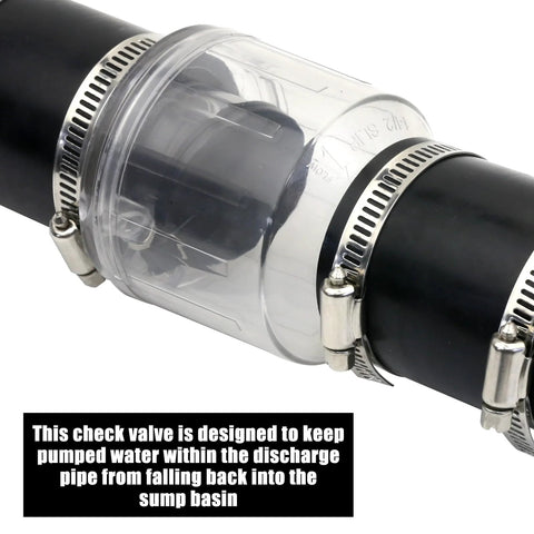 1-1/2 inch sump pump check valve with clear plastic housing and stainless steel hose clamps on a black pipe