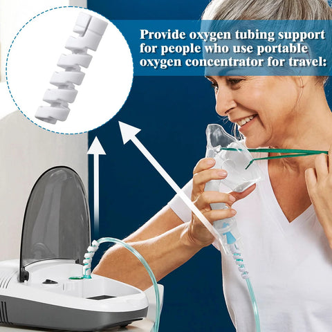 Lekgavd 12-pack white plastic oxygen tube support crimp straighteners with 360° swivel connectors beside nasal cannula