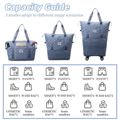 Expandable rolling duffle with four wheels and shoe bag expands from 28L to 58L, three modes, and capacity guide
