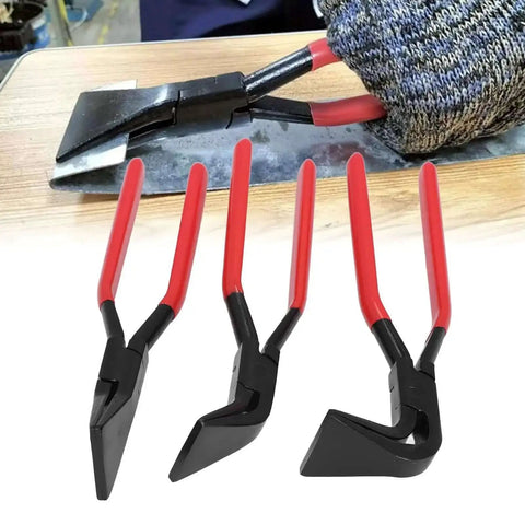 Pro Grade Metal Bending Pliers For Sheet Metal with red handles and three jaw sizes, used for precise folds on a wooden surface.