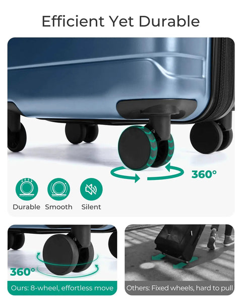 Close-up of spinner wheels on Lightweight 20 Inch Carry On Luggage With Spinner Wheels For 3 To 5 Day Trips Road Trip Ready, Airline Approved Cabin Size, TSA Lock, And Expandable Hard Shell For Maximum Packing Space, Suitable For Men And Women, Royal Blue BAGSMART, demonstrating 360-degree rotation.
