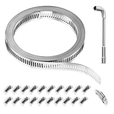 304 Stainless Steel Hose Clamp Kit With 33 Foot Metal Strap, 20 Fasteners And L Socket Wrench displayed on white background