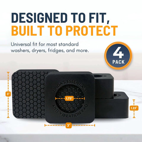 Anti-vibration pads for washers/dryers, 4-pack; black 3x3 in square with central honeycomb circle, 1.25 in tall.