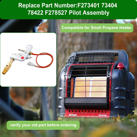 Close-up of pilot assembly with brass nozzle and red wire; compatible with Mr Heater Portable Buddy and DeWalt heaters