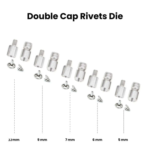 Double cap rivets die included in Pro Grade All In One Hand Press Fastener Kit For Rivets Eyelets Grommets And Snap Buttons.