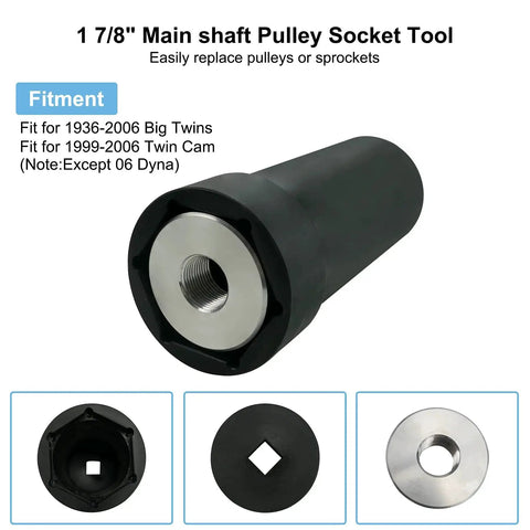 Side view of 1 7/8 inch mainshaft pulley socket tool with black body and silver threaded insert