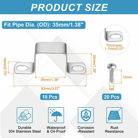 Square Pipe Clamp Set For 1-3/8 Inch Tubes In 304 Stainless Steel With U Shaped Connector Brackets shown with size dimensions and screws