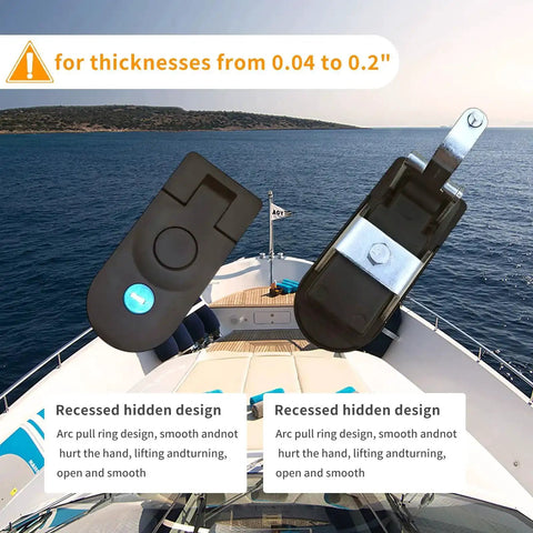 Heavy Duty Compression Latch 35mm Flush Mount Panel Lock shown against a boat setting with thickness details from 0.04 to 0.2 inches.