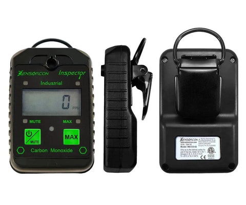 Industrial CO Carbon Monoxide Monitor With Visual Audible And Vibrating Alerts, front, side, and back views displayed.