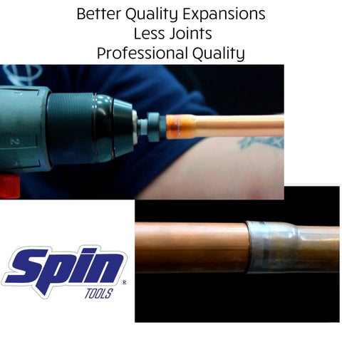 Six Piece Drill Bit Swaging Tool Set For Expanding Copper And Aluminum Tubes Includes One Quarter Inch, Three Eighths Inch, One Half Inch, Five Eighths Inch, Three Quarters Inch, Seven Eighths Inch Bits For HVAC And Plumbing Retrofit Spin S6000 shown in use with copper tubing.