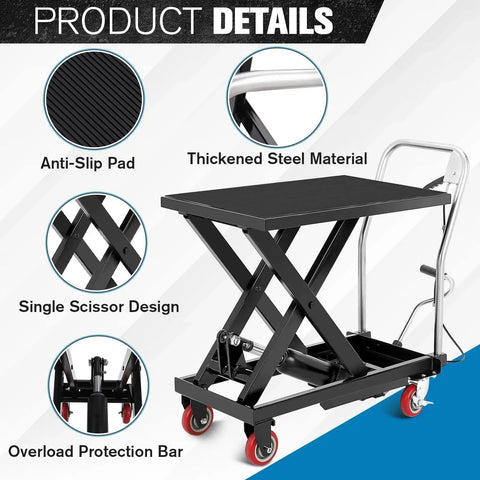 Black hydraulic lift table cart with scissor lift, anti-slip pad, and caster wheels (side view)