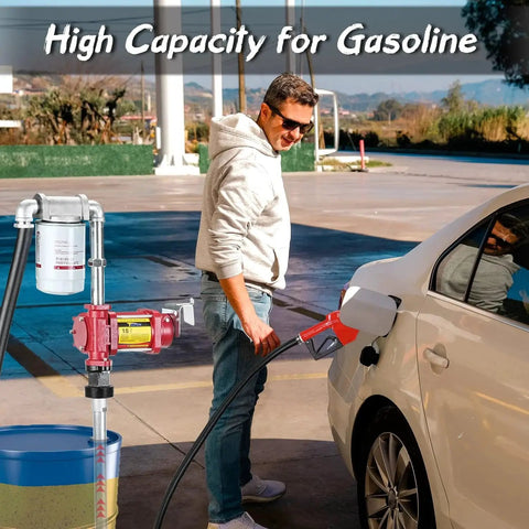 Man using 12V DC Self Priming Fuel Transfer Pump Kit with explosion proof construction, 15 GPM flow, for vehicle refueling.