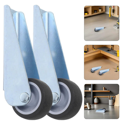 2-Pack Sliding Door Bottom Wheels with Rubber Casters shown in metal, ideal for furniture doors, with close-up and installation views.